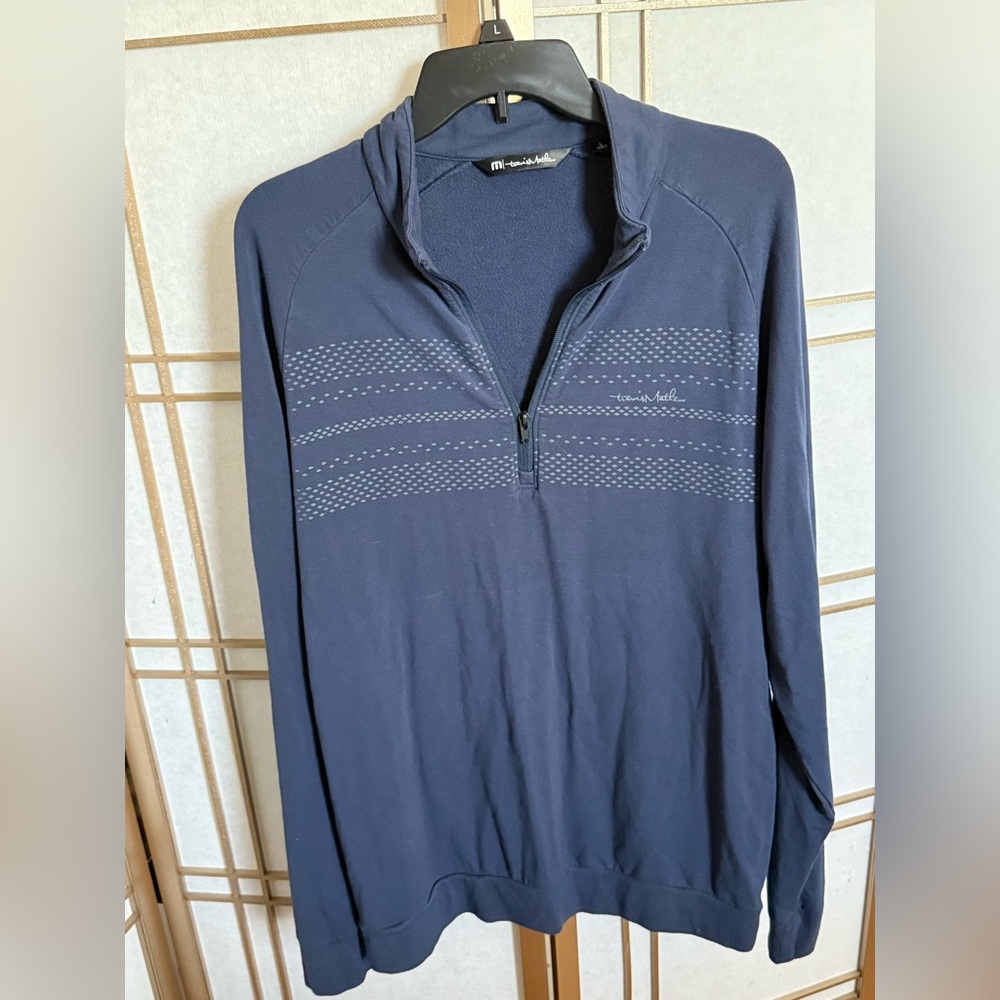 Travis Mathew Navy Blue Grey Men's quarter zip pull-over sweater - Sz Large! EUC